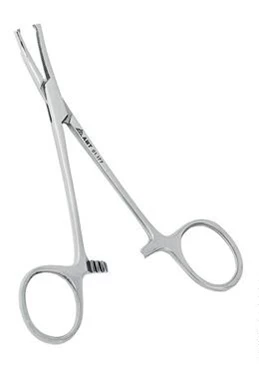 Зажим кровоостанавливающий 1х2 зубый зубчатый вертикально-изогнутый для новорожденных 125 мм:uz:Yangi tug'ilgan chaqaloqlar uchun vertikal kavisli tishli 1x2 tishli gemostatik qisqich 125 mm