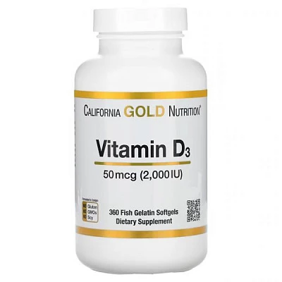 California Gold Nutrition, витамин D3, 50 мкг (2000 МЕ), 360 рыбно-желатиновых капсул:uz:California Gold Nutrition, D3 vitamini, 50 mkg (2000 IU), 360 baliq geli qopqog'i
