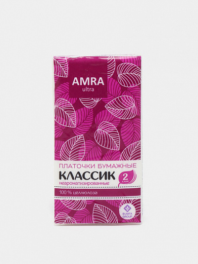 Платочки бумажные AMRA, 2 слоя, белые, неароматизированные, 10 шт