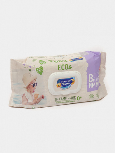 Солнце и Луна ECO Влаж-е салфетки детс-е 0+ хлопк-е с экстр. липы big-pack с крыш-й 120 шт