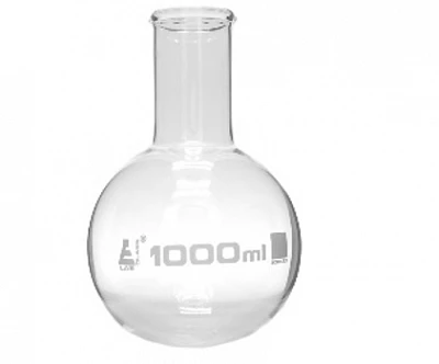 Колба круглодонная 250 мл с ободком, широкое горло, боросиликатное стекло:uz:Dumaloq tubli kolba 250 ml jant, keng tomoq, borosilikat shisha