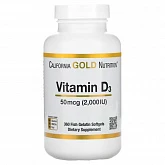 California Gold Nutrition, витамин D3, 50 мкг (2000 МЕ), 360 рыбно-желатиновых капсул:uz:California Gold Nutrition, D3 vitamini, 50 mkg (2000 IU), 360 baliq geli qopqog'i