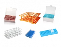 Штативы для пробирок разных видов и  объемов :uz:Har xil turdagi va hajmdagi probirkalar uchun tokchalar