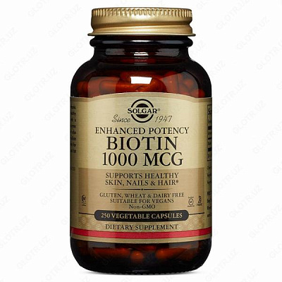 Таблетки биотина для здоровой кожи и волос Solgar Biotin 1000mg (250 шт):uz:Sog'lom teri va sochlar uchun biotin tabletkalari Solgar Biotin 1000 mg (250 dona)